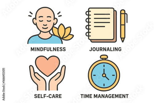 Self-care practices icon set for personal well-being. Mindfulness meditation, journaling, time management, and reflection concepts. Mental health and life balance vector icons.