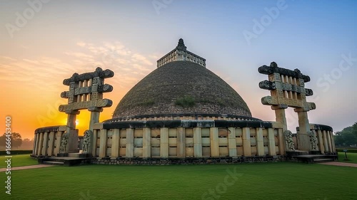 Stone Stupa Dome Structure with Ancient Gates and Green Grass Under Blue Sky During Sunrise in Sanchi India