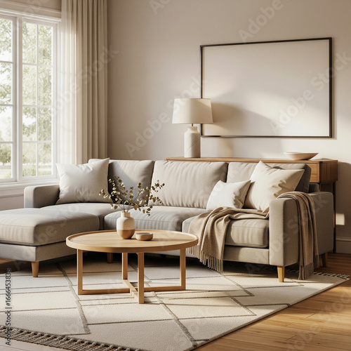 Contemporary and comfortable, this modern living room interior features a luxury sofa, sleek table, and stylish armchair