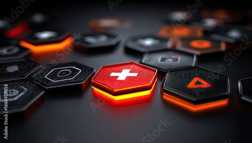 Hexagonal interface with a glowing red plus sign