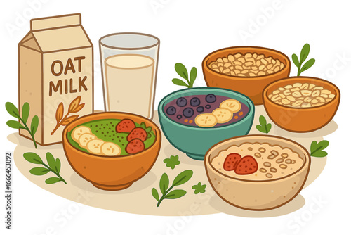 Healthy plant-based breakfast food concept. Vector cartoon illustration of vegan smoothie bowls with fruit, oatmeal porridge, granola, and oat milk. Nutrition diet superfood.