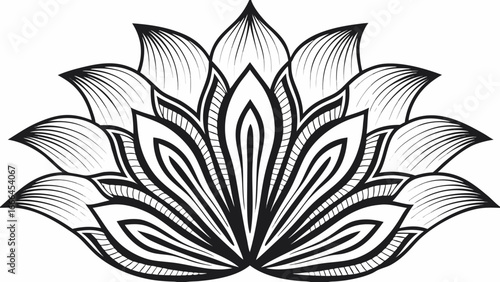 Detailed black and white lotus flower illustration with intricate petal designs and line work |  editable eps vectors silhouette