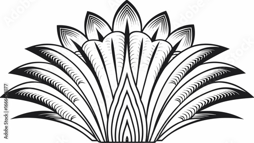 Stylized floral arrangement with symmetrical petals and linear details in black and white design style |  editable eps vectors silhouette