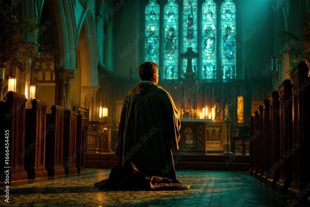 Naklejka premium A person kneels in prayer inside a dimly lit church, illuminated by the glow of candles and stained glass windows behind the altar