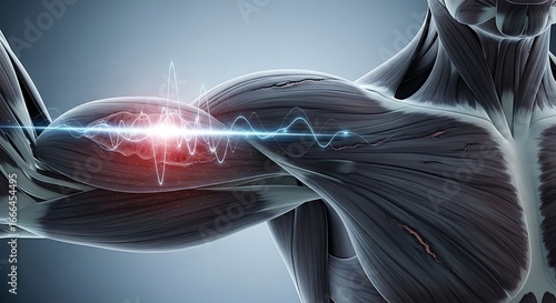 Human Arm Bicep Muscle Anatomy with Energy Wave Pulses, Conceptual Illustration of Electrical Nerve Impulse or Muscle Stimulation