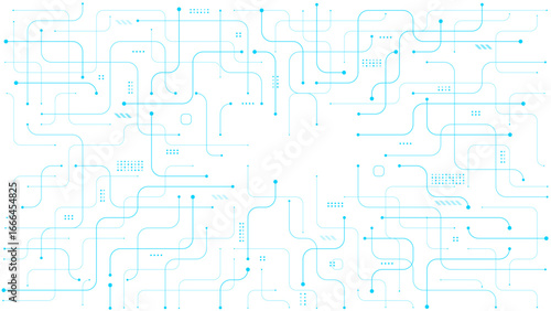 Blue circuit board on transparent background. Thin line wires and dots. AI chip innovation concept. Tech pattern for web, banner design, and presentation bg. Digital vector illustration.