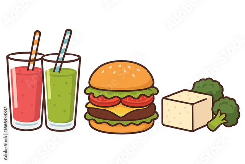 Healthy and unhealthy food choice concept illustration. Vector cartoon set with smoothie, burger, tofu, and broccoli. Diet, nutrition, and fast food comparison isolated.