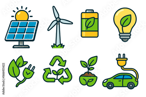 Sustainable energy icon set. Green technology and renewable resources vector collection. Solar panel, wind turbine, electric car, recycling and eco friendly power concepts.