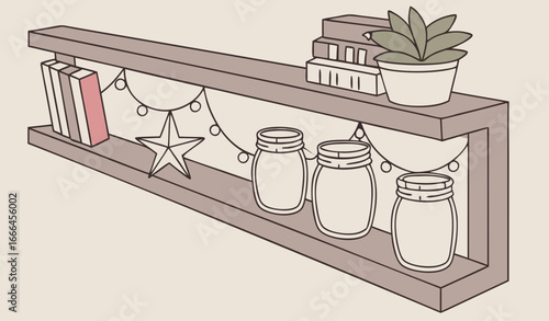 A reclaimed wooden beam used as a floating shelf lined with mason jars filled with fairy lights and a mix of rustic and elegant decor pieces.