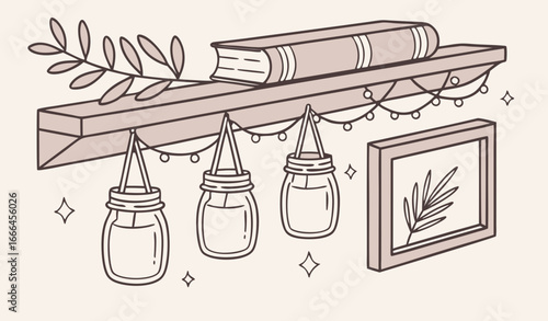 A reclaimed wooden beam used as a floating shelf lined with mason jars filled with fairy lights and a mix of rustic and elegant decor pieces.