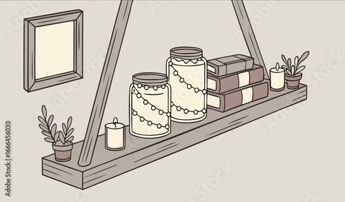 A reclaimed wooden beam used as a floating shelf lined with mason jars filled with fairy lights and a mix of rustic and elegant decor pieces.