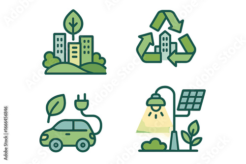 Green city sustainability icon set. Eco friendly urban living concept. Vector icons of electric car, solar panel, recycling symbol, and green technology for environmental awareness.
