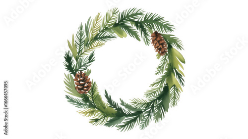 Watercolor christmas wreath isolated on transparent background, adorned with pine cones, evoking a festive and natural holiday spirit