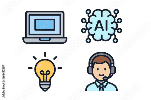AI chatbot technology icon set. Customer service, support assistant, call center operator. Laptop, brain, idea lightbulb. Vector icons for business, innovation, communication.