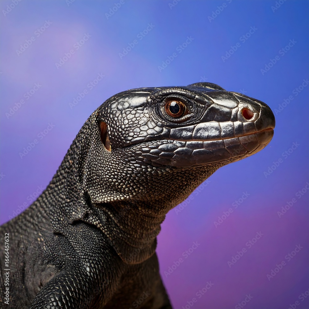 Obraz premium Close-up portrait of a striking black lizard against a vibrant purple and blue gradient background.