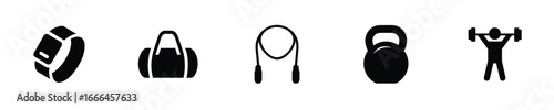 Fitness icons including smartwatch gym bag jump rope kettlebell weightlifter workout