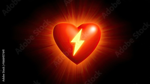Red heart with lightning bolt, radiating light