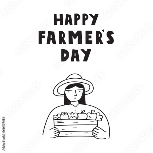 Happy farmer's day. Outline vector illustration. Graphic design on white background.