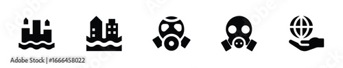 Icons flooded city gas masks hand holding globe building water