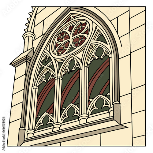 Detailed illustration of a gothic arched window with intricate tracery and stained glass panels
