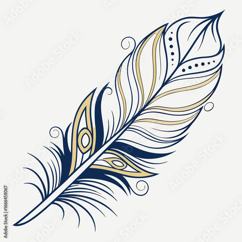 Elegant art nouveau feather design with intricate lines and a delicate color palette of navy blue and gold