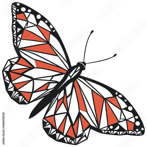 Geometric monarch butterfly design with orange and white wings on a white background