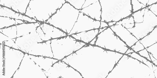 Blackthorn branches. Abstract brush shape with scratch texture, scattered gravel and faint ink grain. Aged surface with grit and subtle halftone shading.