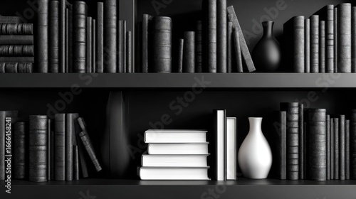 Black bookshelf with books and vases