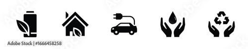 Icons representing sustainability energy conservation recycling battery leaf