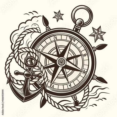 Nautical adventure set with compass anchor rope and steering wheel with stars and waves