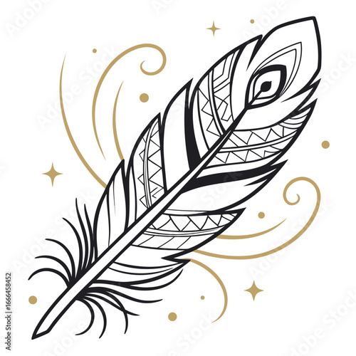 Ornate black and gold feather with tribal patterns and swirling accents