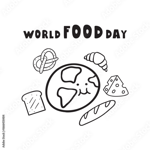 Holiday - world food day. Hand drawn vector outline illustration on white background.