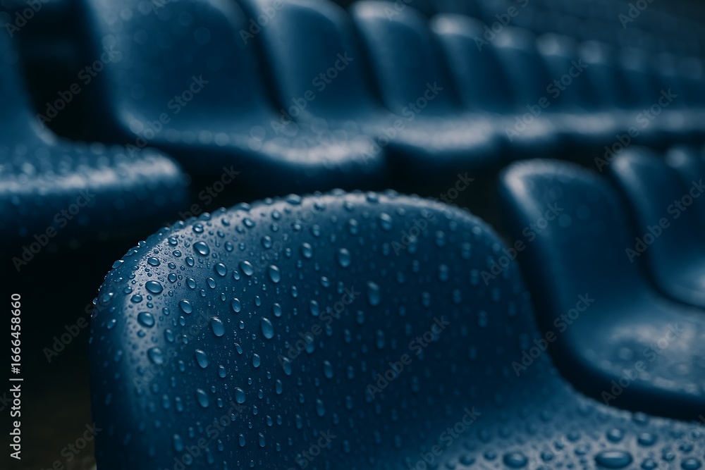 Obraz premium Wet Stadium Seat Macro Raindrops Texture Symbol of Sports Environment Outdoor Weather