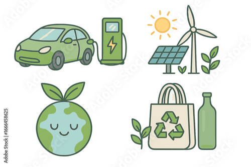 Eco friendly concept icon set. Green energy and sustainability. Electric car, solar panel, wind turbine, recycling bag and happy planet earth. Vector cartoon illustration.