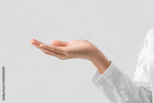 Open hand, offering gesture, white lab coat