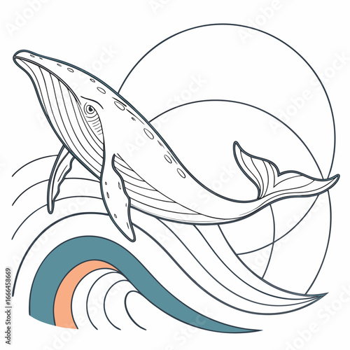 Stylized humpback whale breaching through abstract waves with circular background element