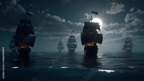 Fleet of old sailing ships on open ocean under moonlight symbolizing maritime exploration and nautical history