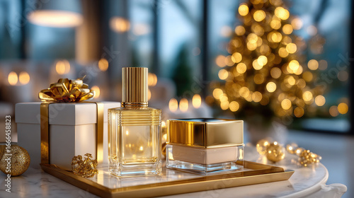 Christmas still life showing an elegant perfume bottle placed near christmas tree branches with christmas ball ornaments, a gift and a warm bokeh effect
