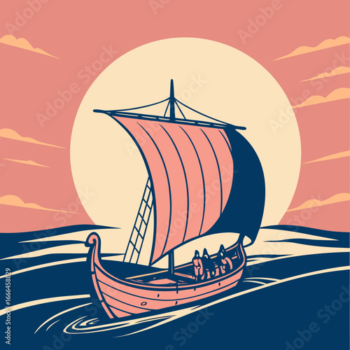 Stylized viking longship sailing on the ocean under a large sun and cloudy sky