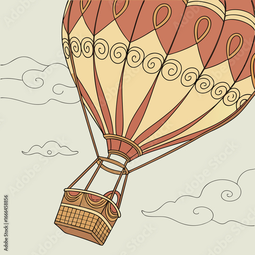 Vintage hot air balloon with ornate scrollwork design floats gently through a pale sky with stylized clouds