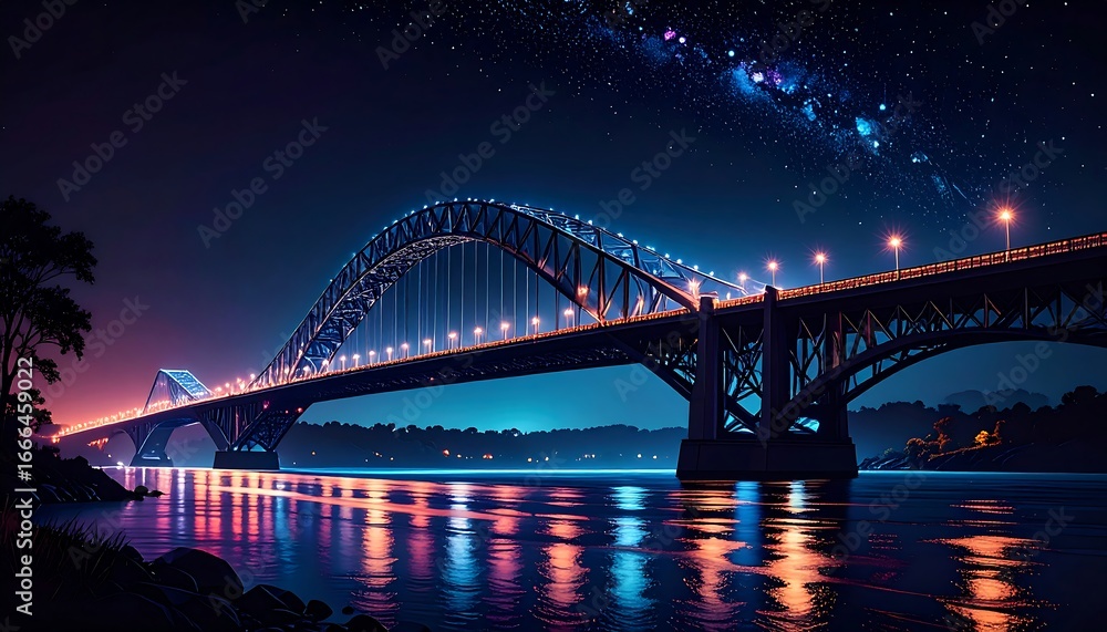 Obraz premium Illuminated Bridge Over River at Night.