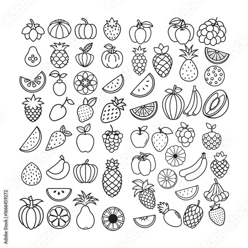 A colorful set of delicious fruits illustration featuring tropical and seasonal varieties on a clean white background. Perfect for food, health, organic, and lifestyle design projects.