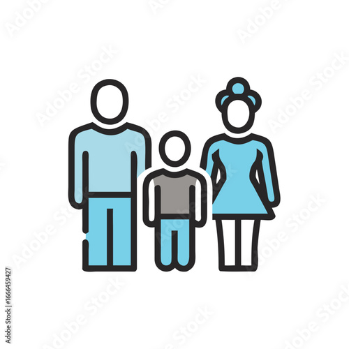 Outline of family with parents and child in casual attire  