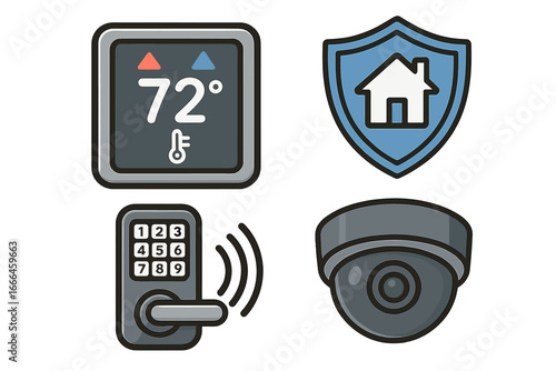 Smart home vector icon set. Home automation concept with thermostat for climate control, security camera, smart lock, and safety shield. Internet of Things technology.