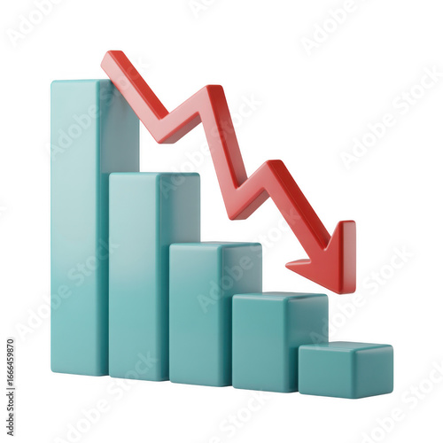 Business graph showing a downward trend with a red arrow isolated on transparent background