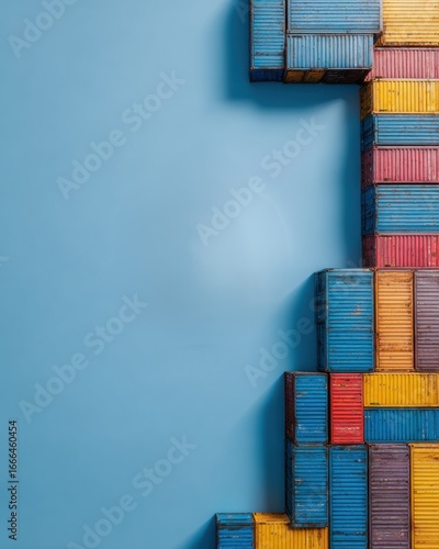 Colorful sea containers arranged  on a blue background, top view. Concept for global logistics and cargo transportation business, mock-up design, flat lay, copy space, stock photo. 