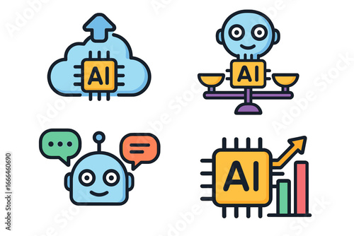 Set of artificial intelligence concept icons. AI cloud computing, data science ethics, chatbot assistant, machine learning performance growth. Vector cartoon tech illustration.
