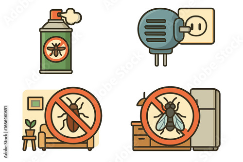 Pest control vector icon set. Insect repellent spray, electric fumigator and warning signs. Stop cockroach and fly in house. Disinfection and extermination service concept.