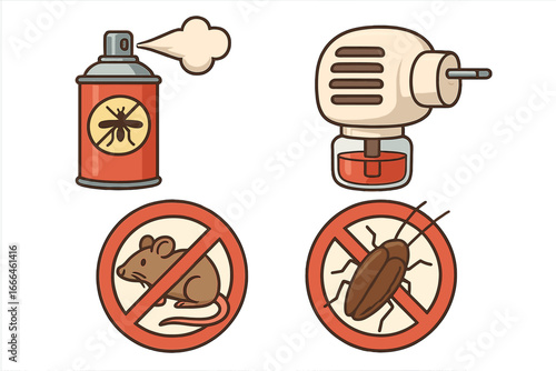 Pest control vector icon set. Cartoon illustrations of insect repellents and rodent warning signs. Mosquito spray, electric fumigator, no cockroach and no mouse symbols.