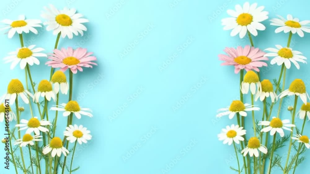 Daisies and Chamomile Flowers on a Blue Background A Springtime Delight Daisies and Chamomile Flowers on a Blue Background A Springtime Delight